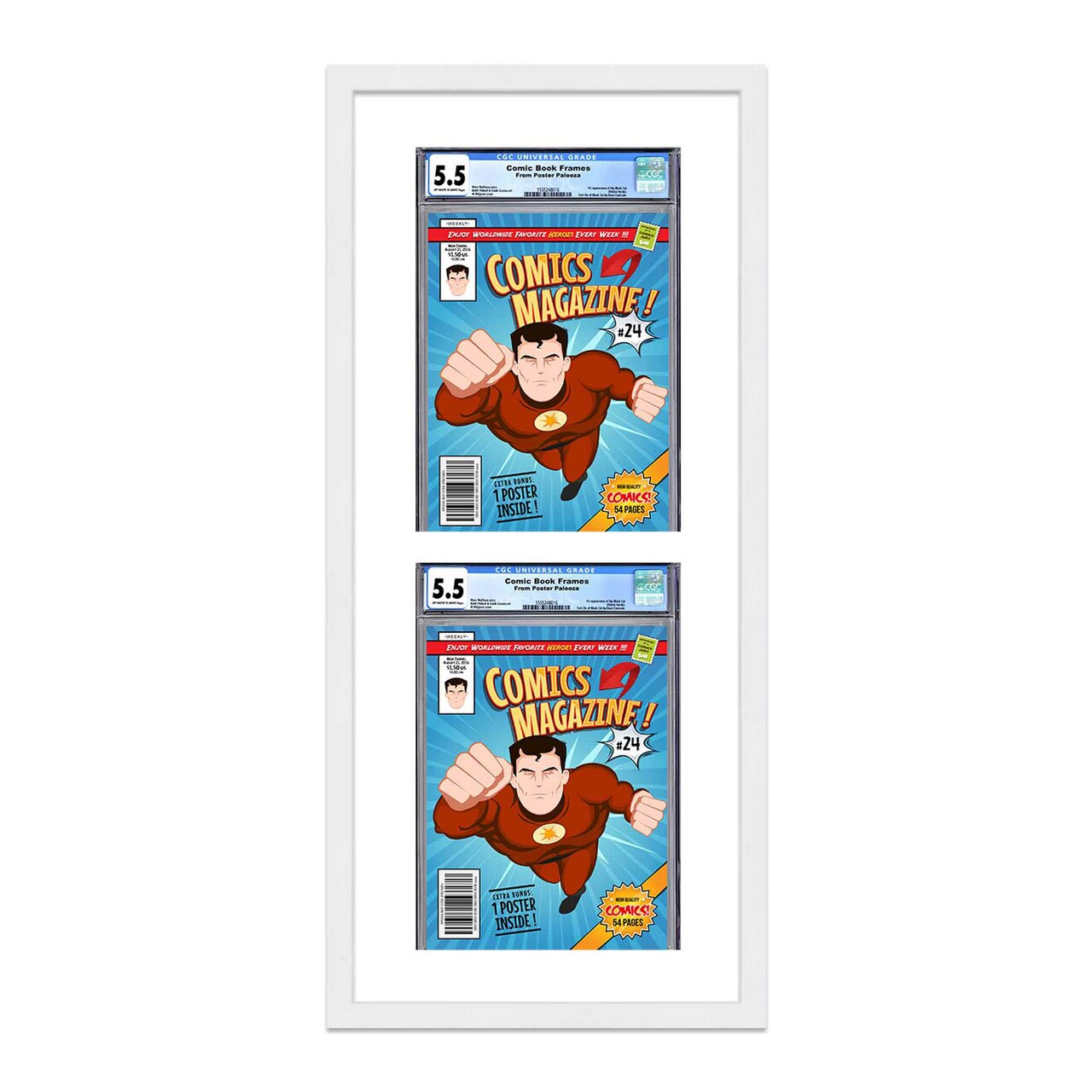 Comic Book Display Frame for Graded Comics - White Wood Comic Frame With White Mat for 8.125x13 Comics, 18 Frame Sizes